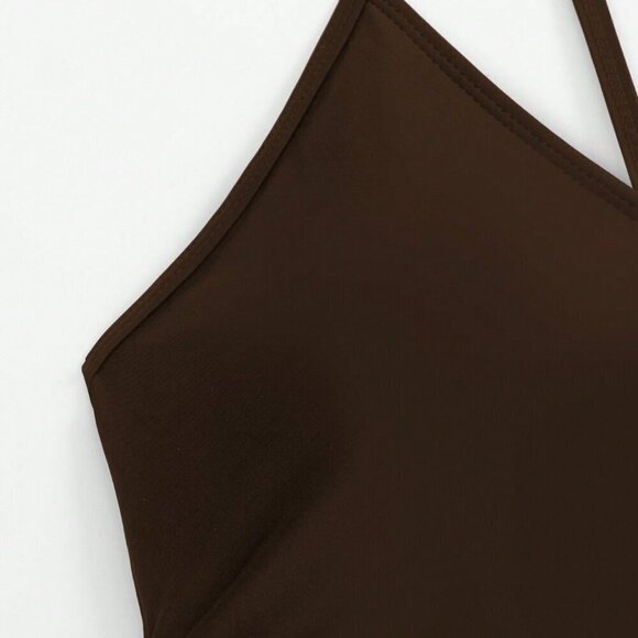 Coffee Brown Women's Summer Beach Cut Out Back One-Piece Swimsuit Bathing Suit - Picture 6 of 8